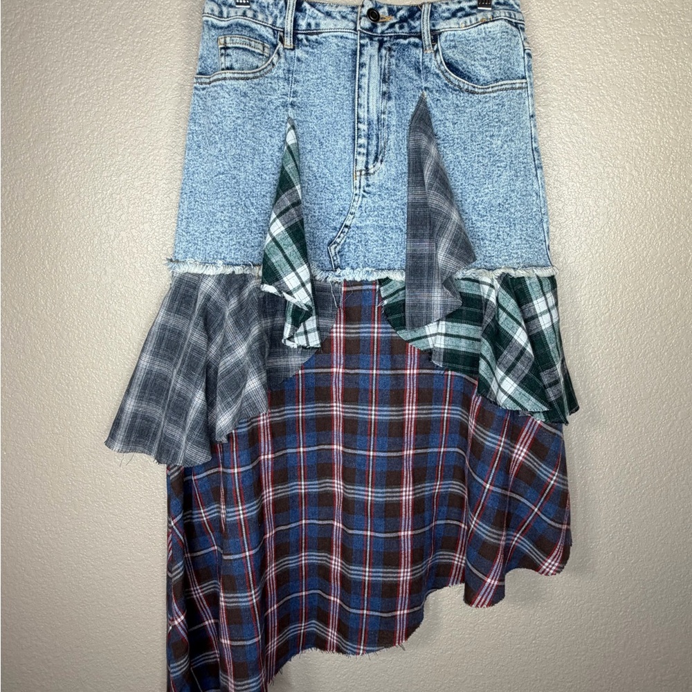 Fashion Nova Asymmetrical Denim and Plaid Skirt Y2K Cottage Core Festival Grunge
